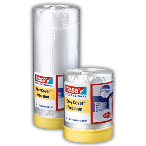 Tesa Easy Cover 4411 UV Precision Painter's Film With Painter's Masking Tape For Masking And Covering 2-in-1 Painter's Tape With Film White Transparent 33 M X 0.55 M Pack Of 8